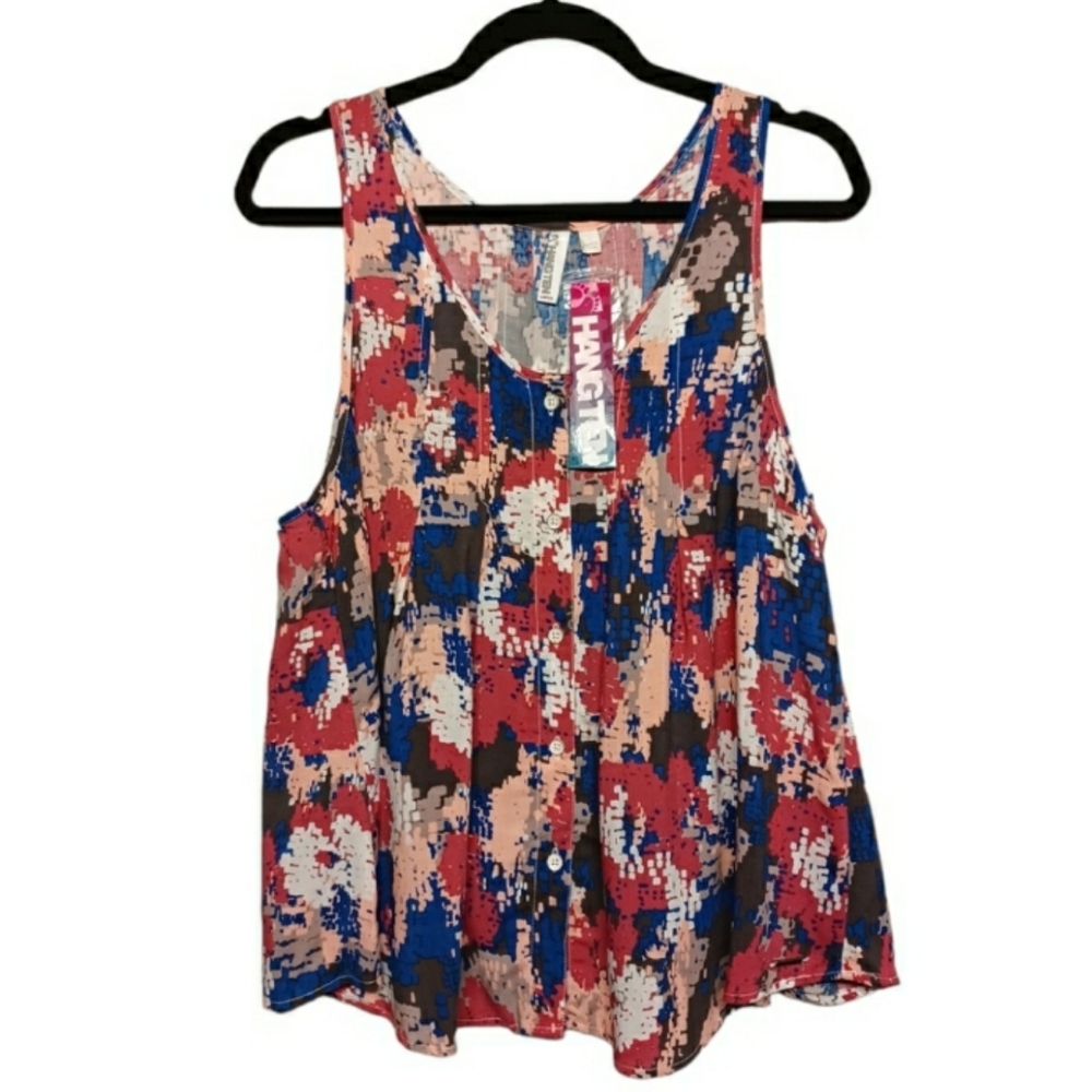 HANG TEN Pink Blue Gray Pixel Winter Wonderland Print Sleeveless Top Large NWT
